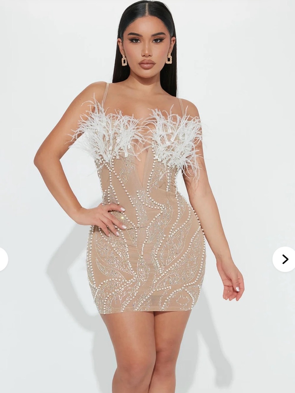 Fashion Nova Feather-Trim Pearl-Embellished Tan Evening Dress